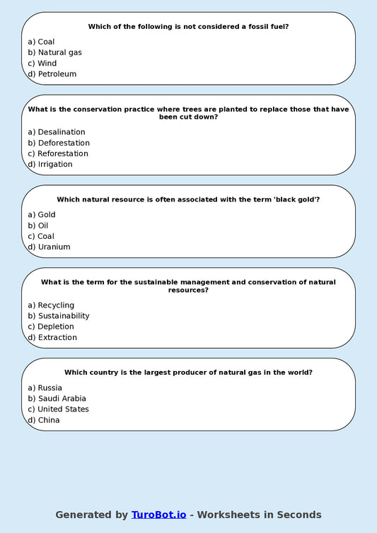 Year 7 Geography Multiple Choice Worksheet – Natural Resources