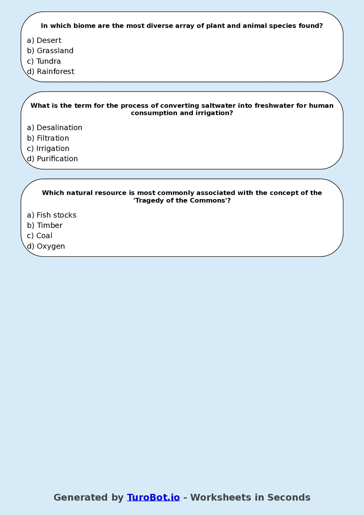 Year 7 Geography Multiple Choice Worksheet – Natural Resources