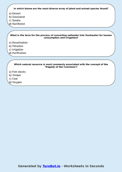Year 7 Geography Multiple Choice Worksheet – Natural Resources