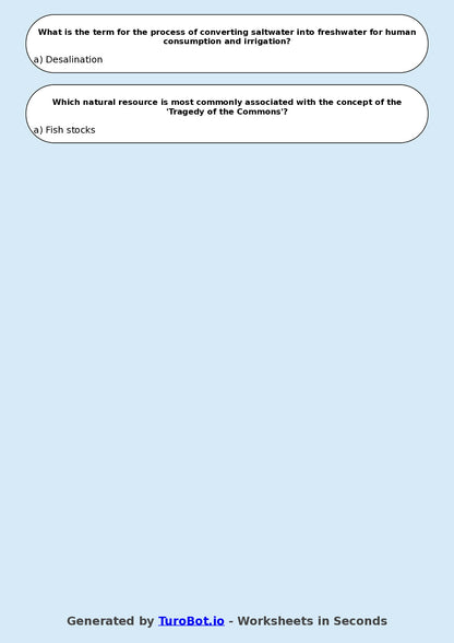 Year 7 Geography Multiple Choice Worksheet – Natural Resources