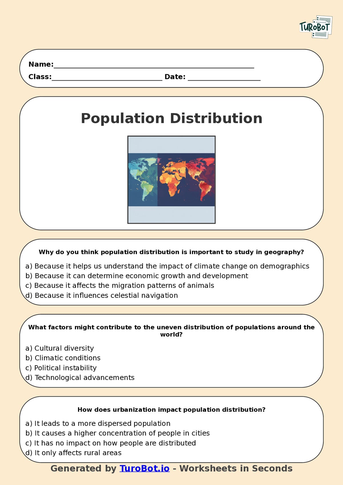 Year 7 Geography Multiple Choice Worksheet – Population Distribution