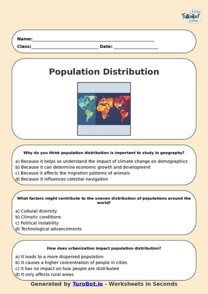 Year 7 Geography Multiple Choice Worksheet – Population Distribution