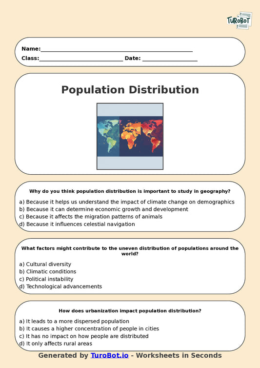 Year 7 Geography Multiple Choice Worksheet – Population Distribution