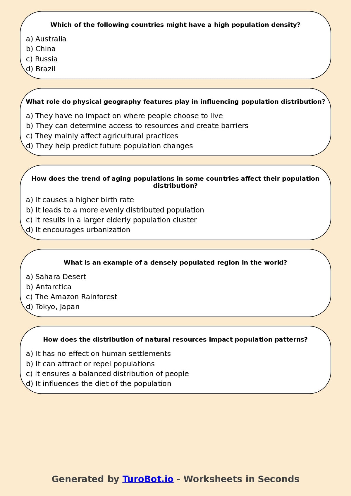 Year 7 Geography Multiple Choice Worksheet – Population Distribution