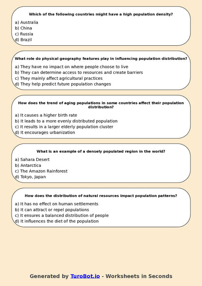 Year 7 Geography Multiple Choice Worksheet – Population Distribution