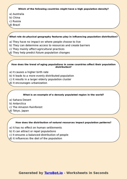Year 7 Geography Multiple Choice Worksheet – Population Distribution
