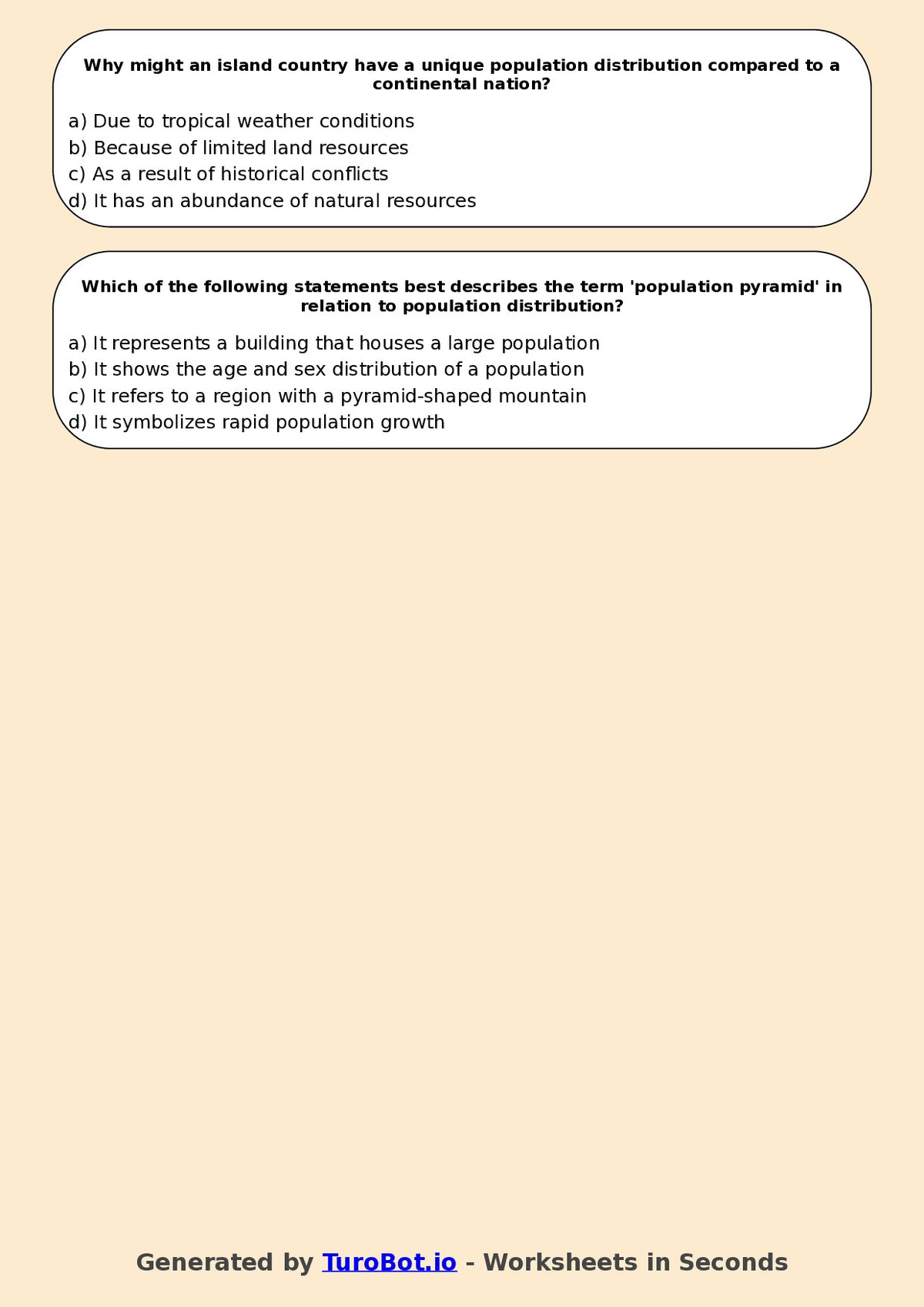 Year 7 Geography Multiple Choice Worksheet – Population Distribution