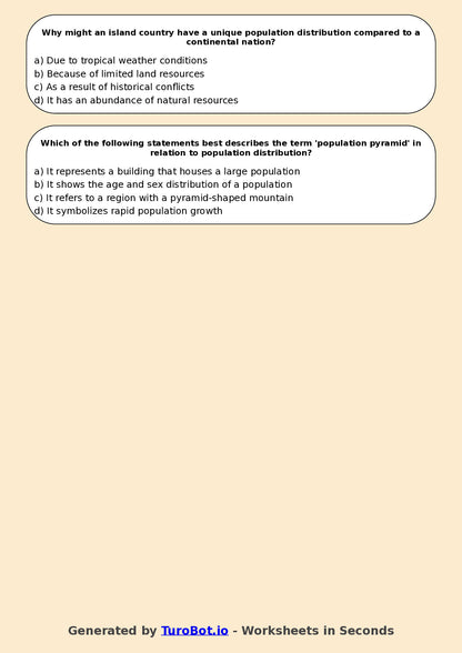 Year 7 Geography Multiple Choice Worksheet – Population Distribution