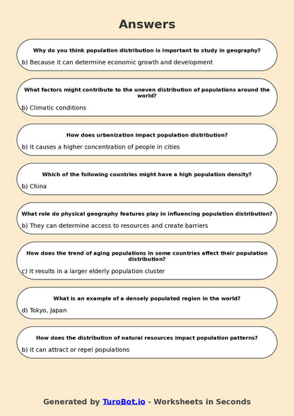 Year 7 Geography Multiple Choice Worksheet – Population Distribution