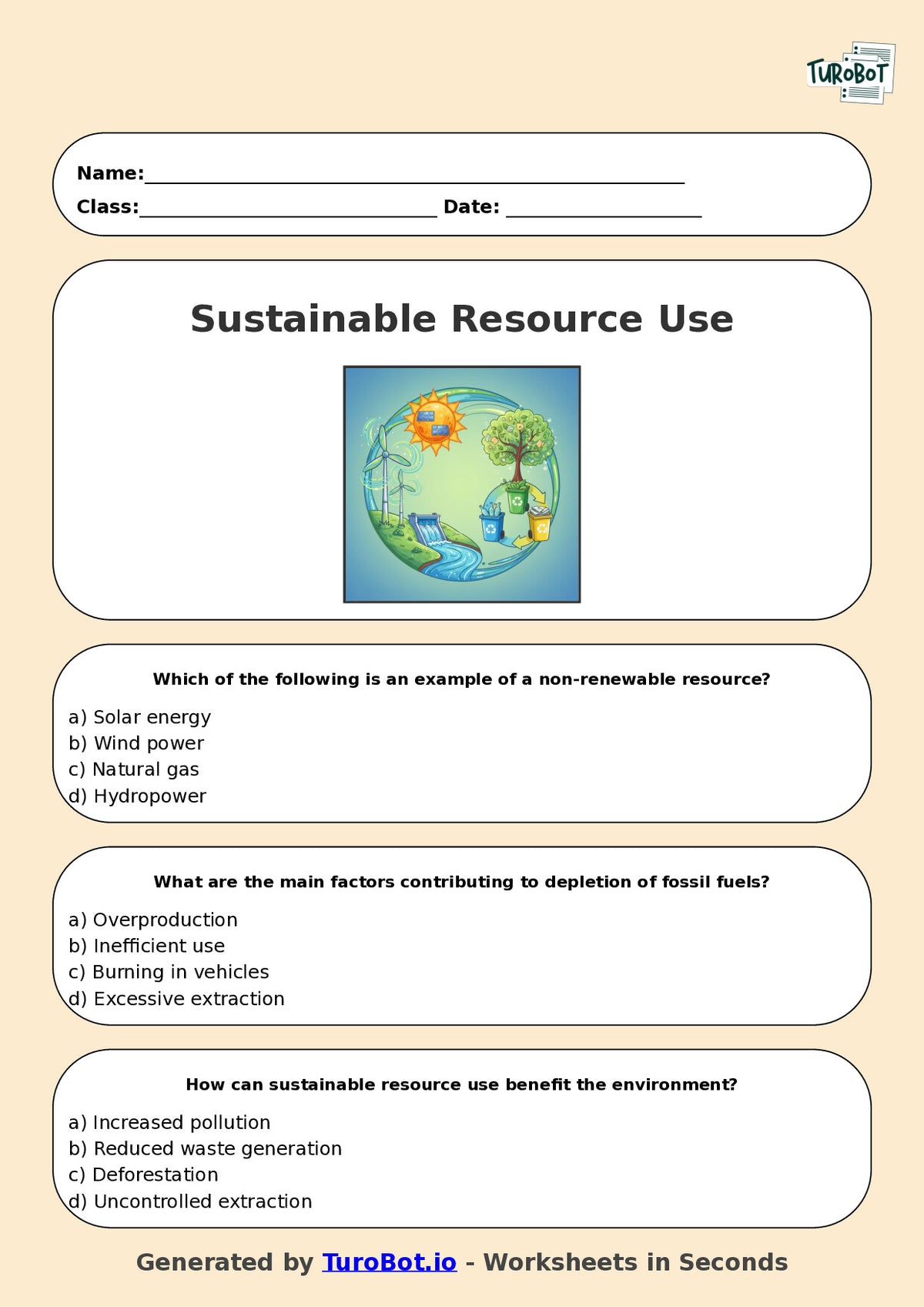 Year 7 Geography Multiple Choice Worksheet – Sustainable Resource Use