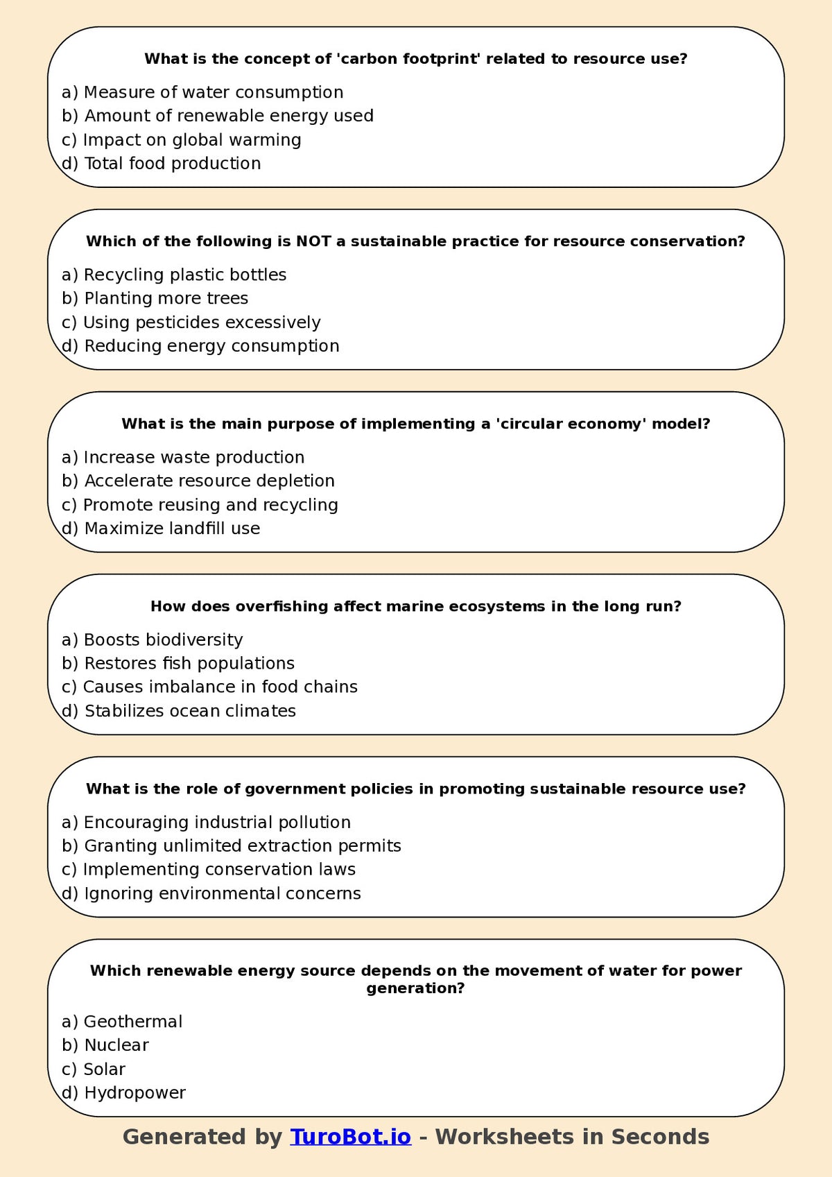 Year 7 Geography Multiple Choice Worksheet – Sustainable Resource Use