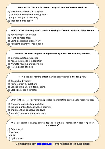 Year 7 Geography Multiple Choice Worksheet – Sustainable Resource Use