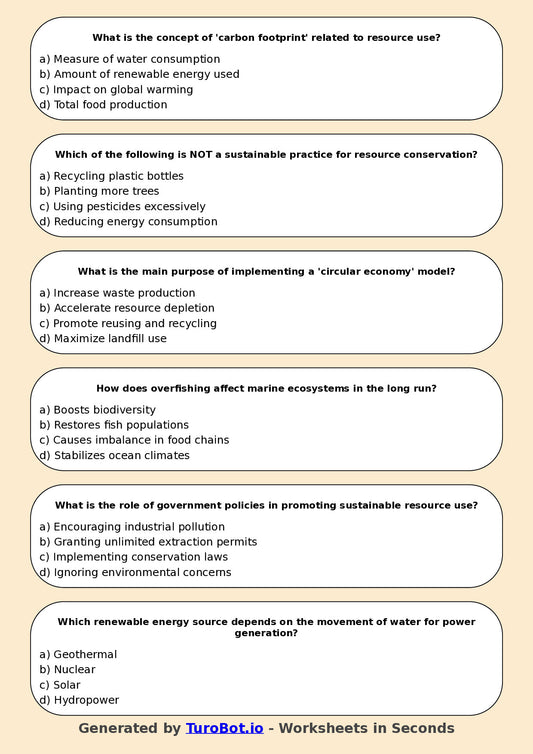 Year 7 Geography Multiple Choice Worksheet – Sustainable Resource Use