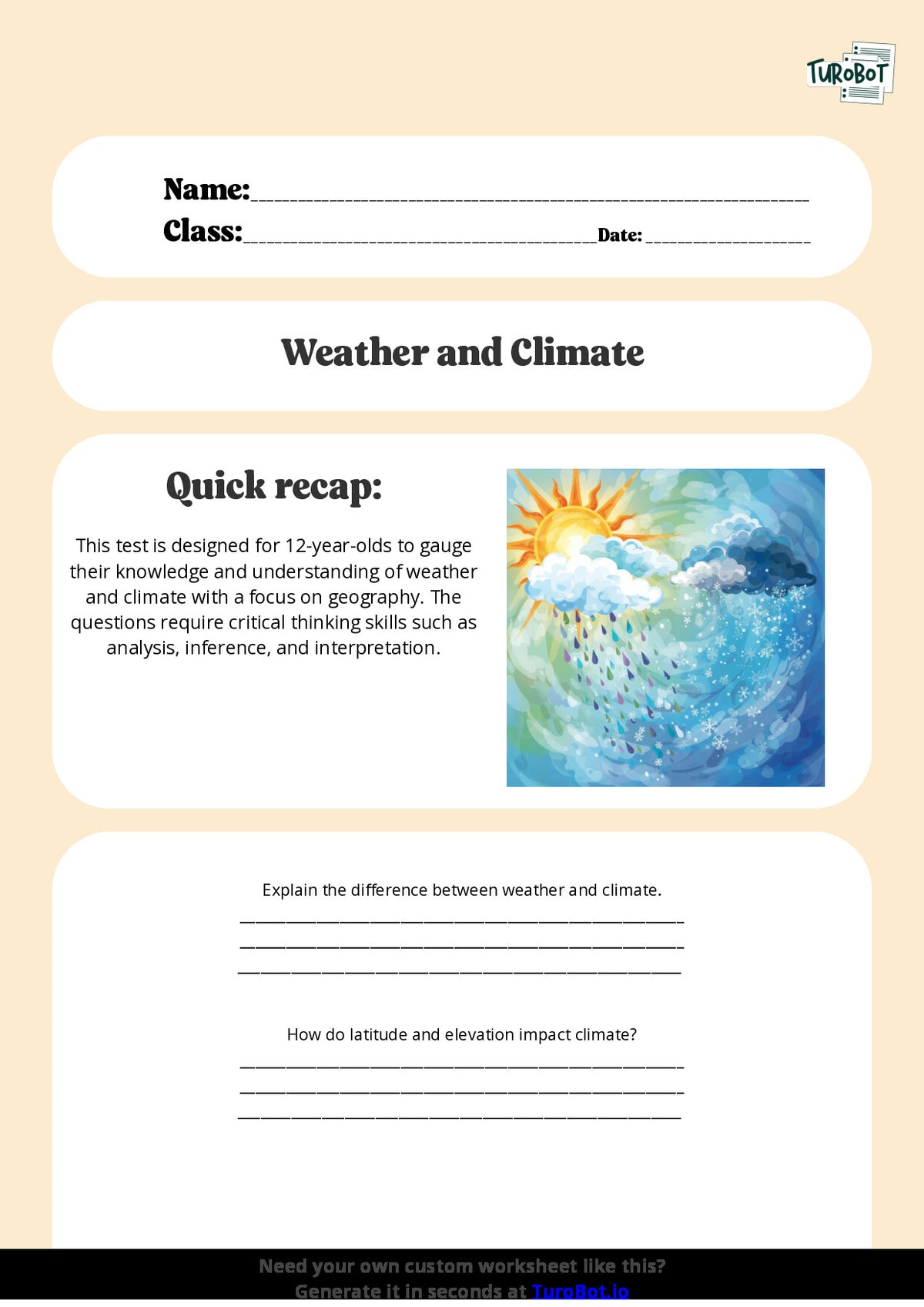 Free Worksheet - Year 7 Geography Understanding Weather and Climate Short Answer Response