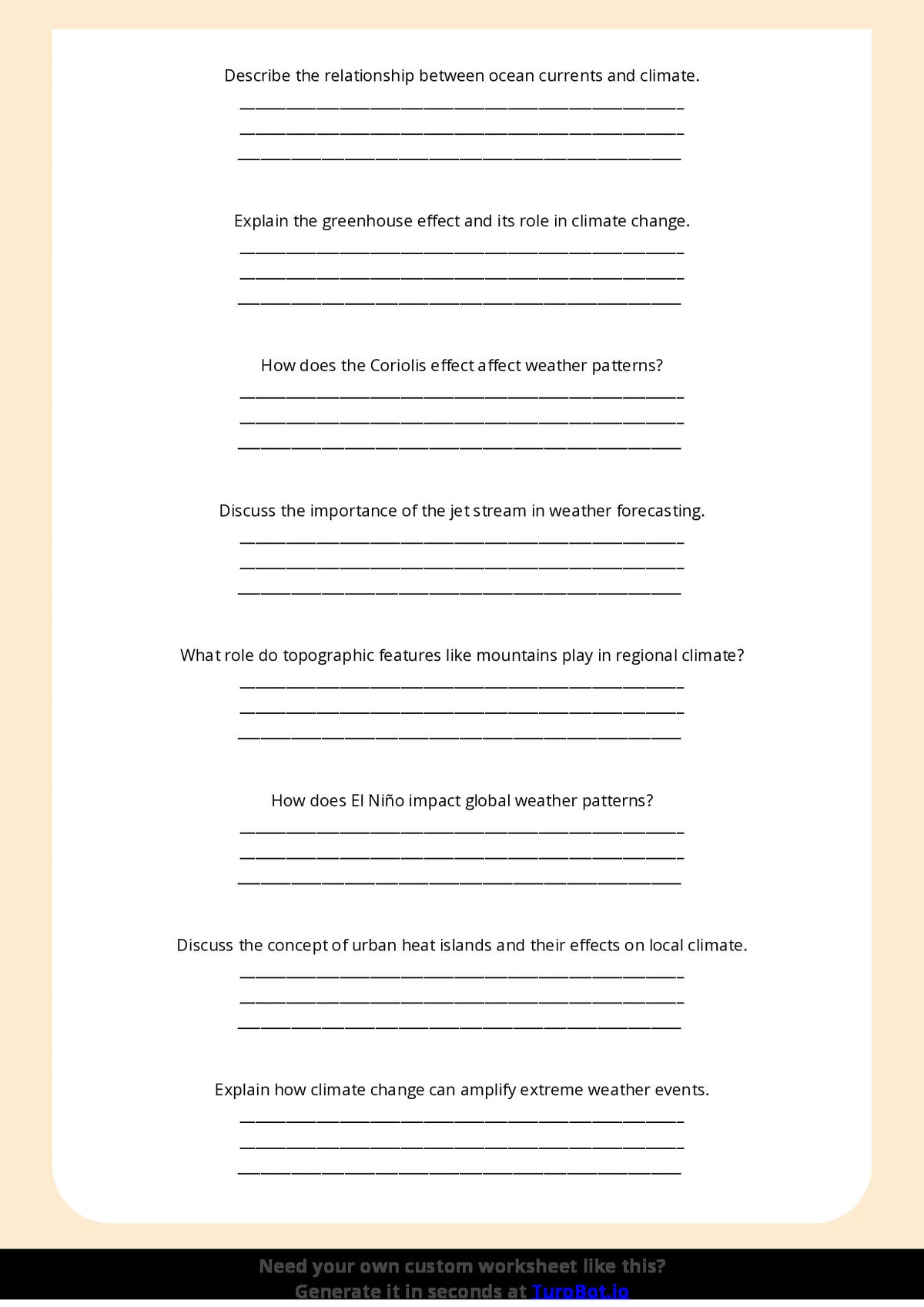 Free Worksheet - Year 7 Geography Understanding Weather and Climate Short Answer Response