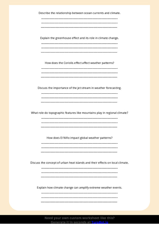 Free Worksheet - Year 7 Geography Understanding Weather and Climate Short Answer Response