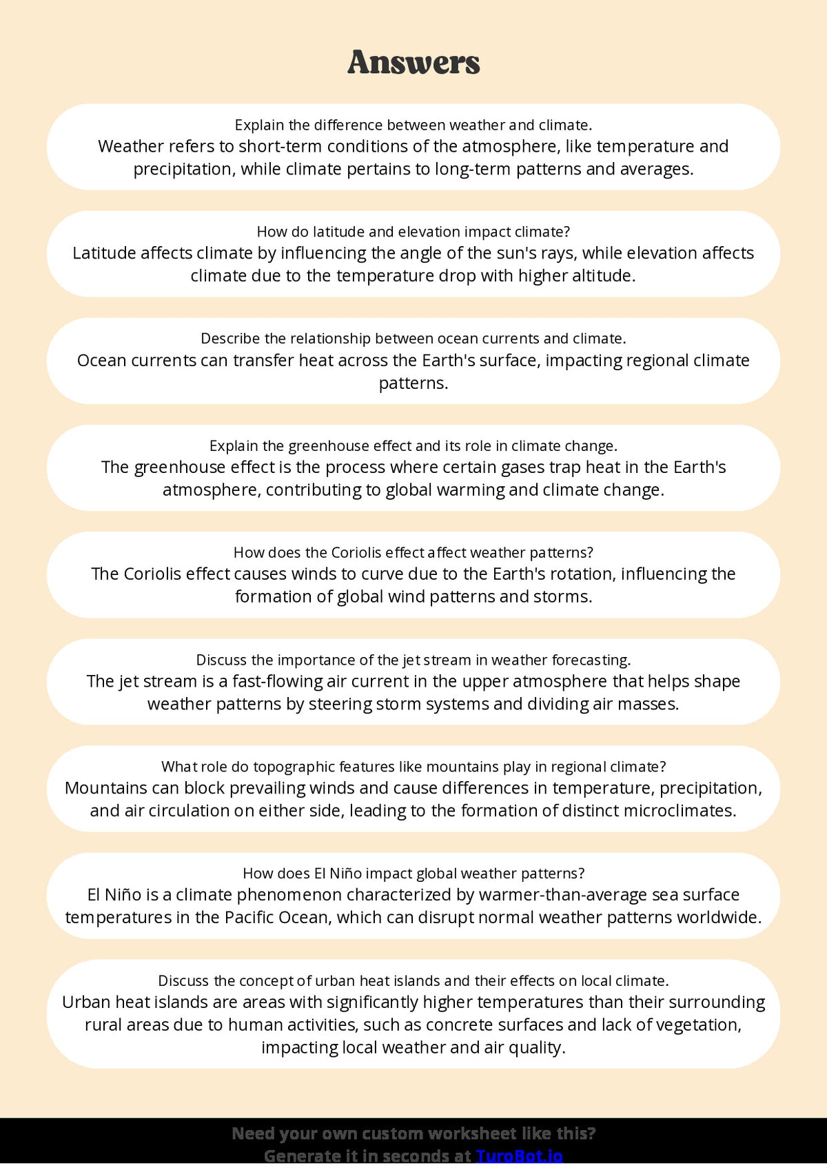 Free Worksheet - Year 7 Geography Understanding Weather and Climate Short Answer Response