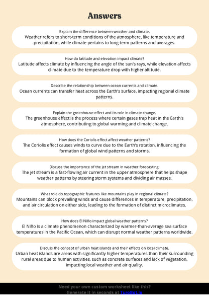 Free Worksheet - Year 7 Geography Understanding Weather and Climate Short Answer Response