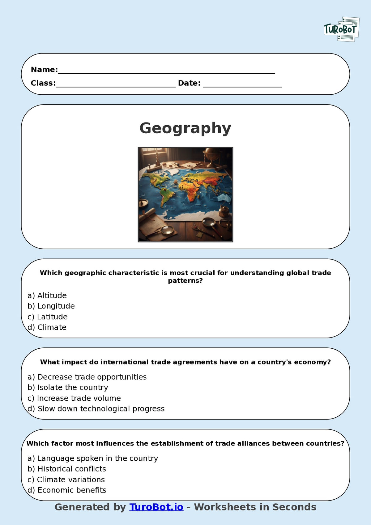 Year 8 Geography Multiple Choice Worksheet – Global Connections and Trade