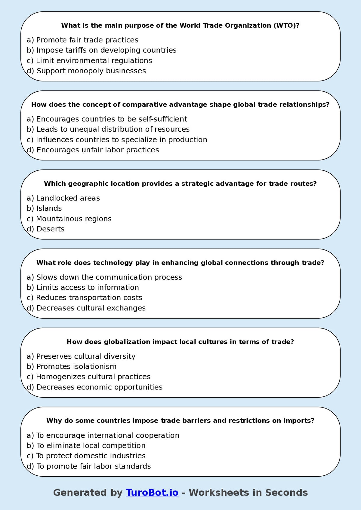 Year 8 Geography Multiple Choice Worksheet – Global Connections and Trade