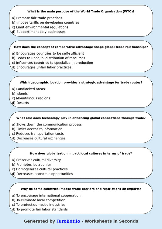 Year 8 Geography Multiple Choice Worksheet – Global Connections and Trade