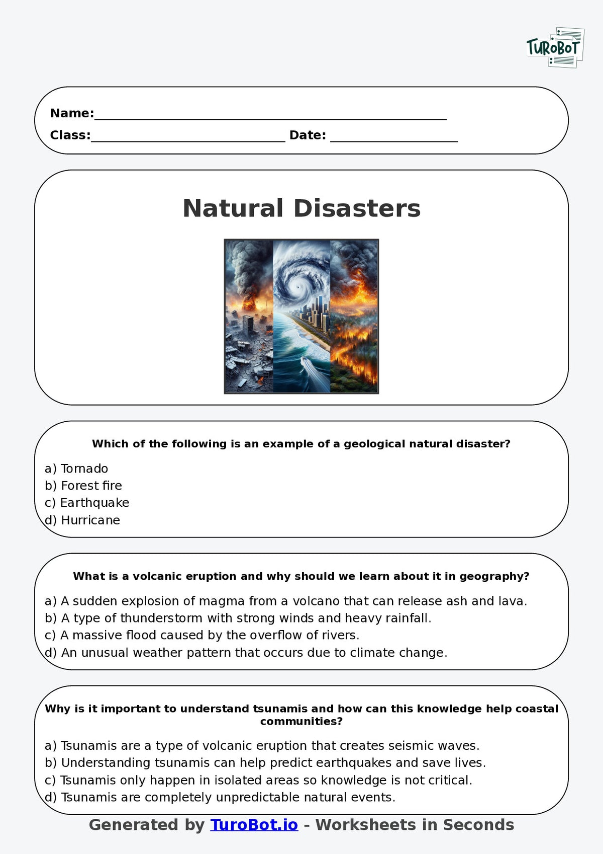 Year 8 Geography Multiple Choice Worksheet – Natural Disasters