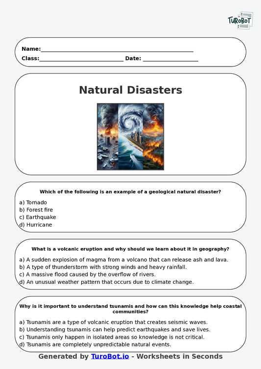 Year 8 Geography Multiple Choice Worksheet – Natural Disasters