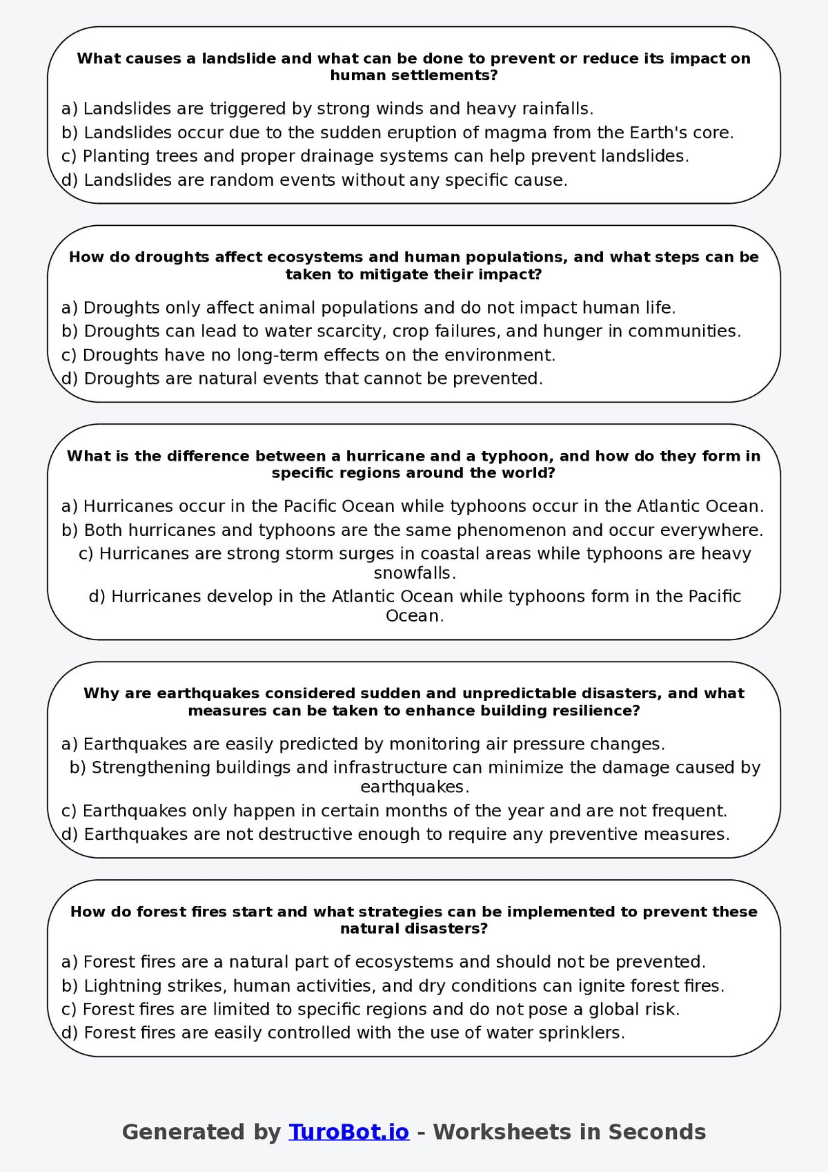 Year 8 Geography Multiple Choice Worksheet – Natural Disasters