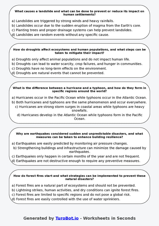 Year 8 Geography Multiple Choice Worksheet – Natural Disasters