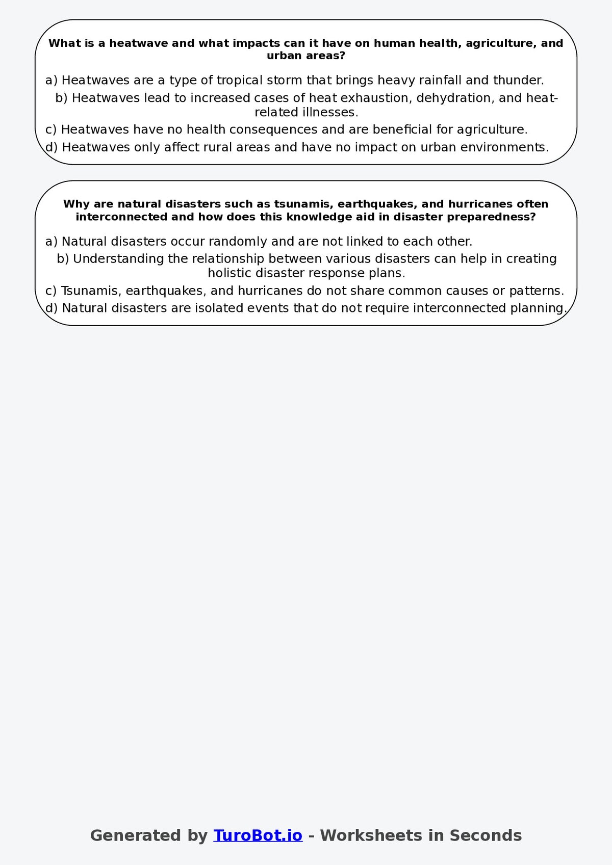 Year 8 Geography Multiple Choice Worksheet – Natural Disasters
