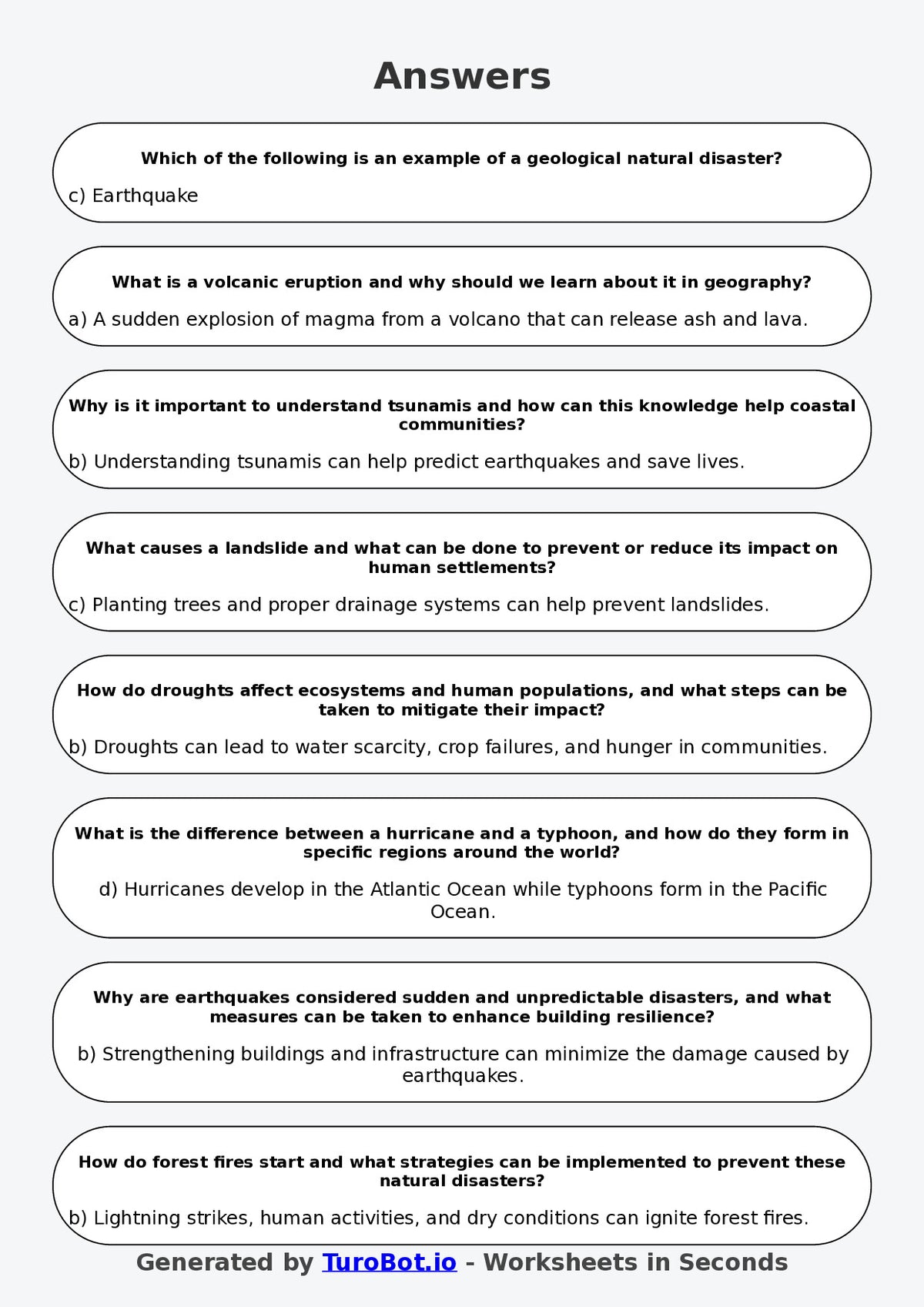 Year 8 Geography Multiple Choice Worksheet – Natural Disasters