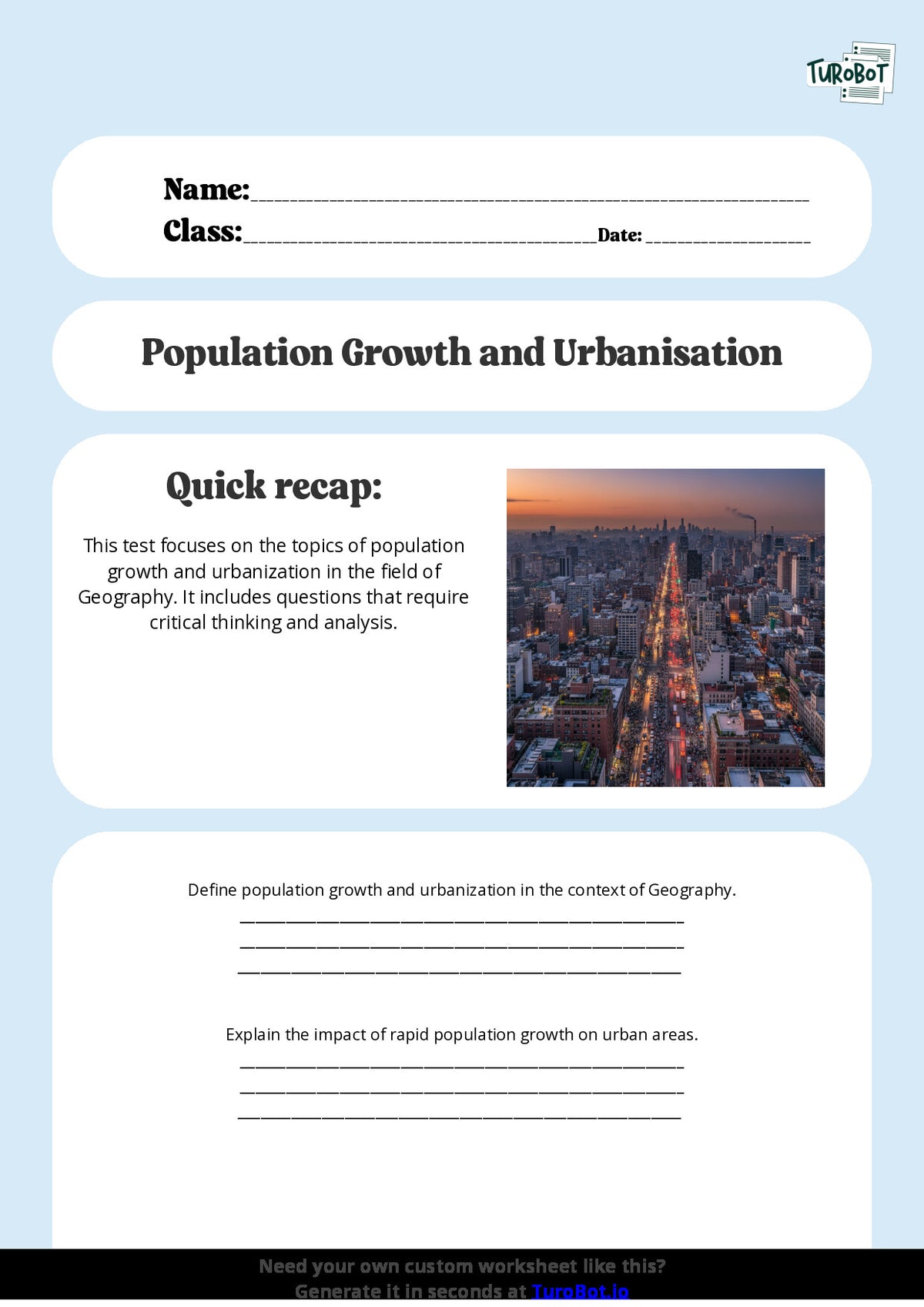 Free Worksheet - Year 8 Geography Population Growth and Urbanisation Short Answer Response
