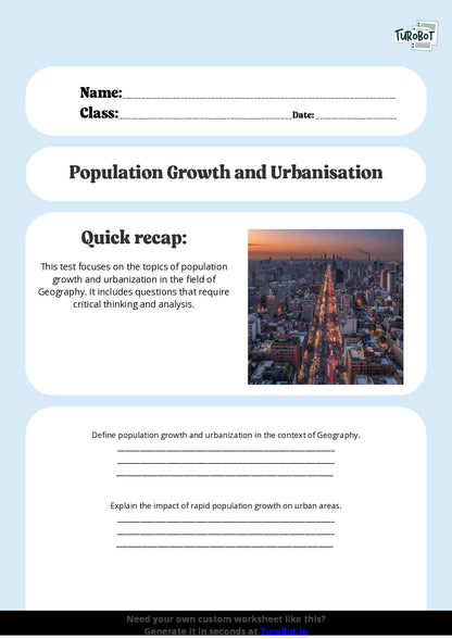 Free Worksheet - Year 8 Geography Population Growth and Urbanisation Short Answer Response