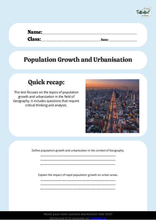 Free Worksheet - Year 8 Geography Population Growth and Urbanisation Short Answer Response
