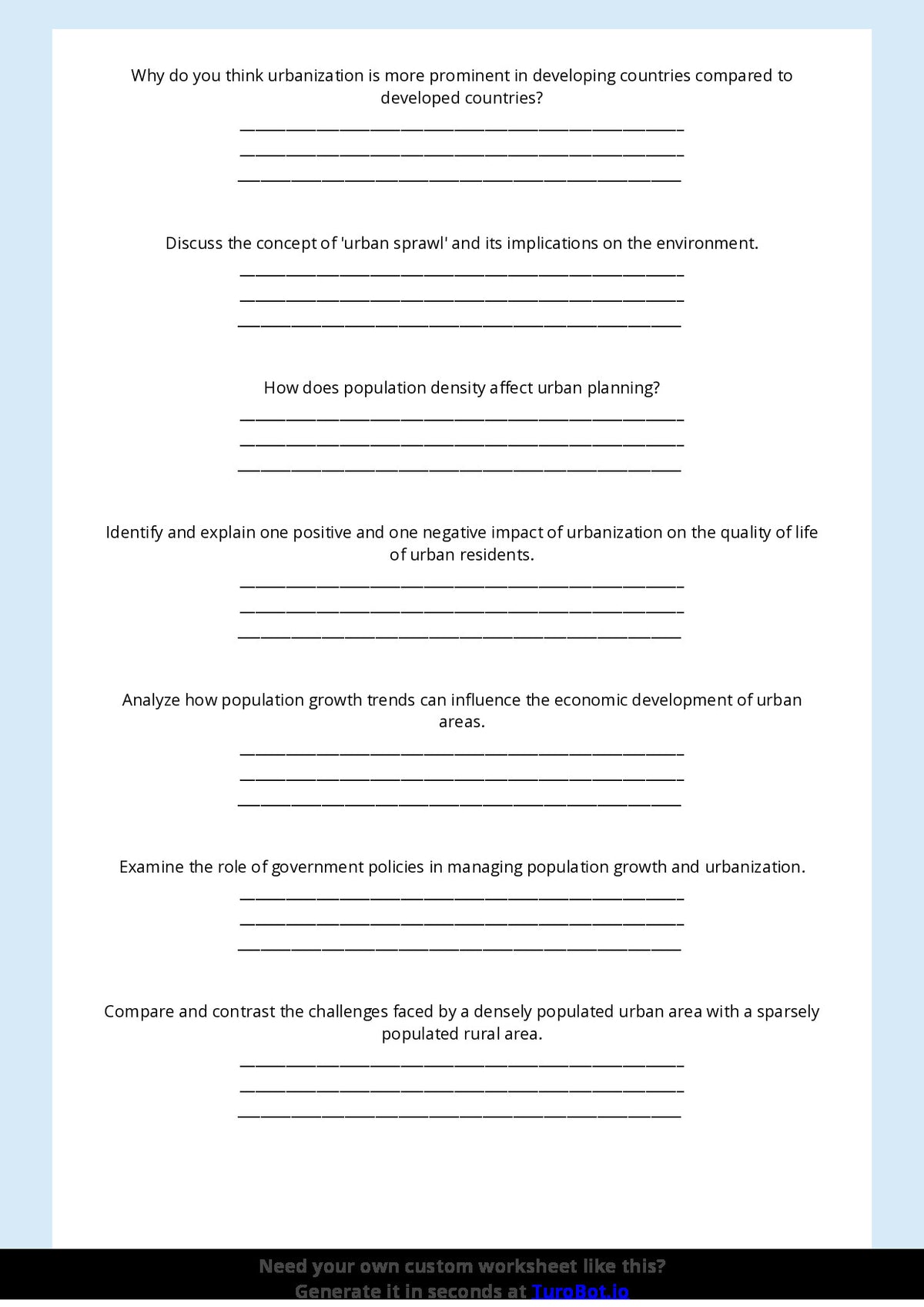 Free Worksheet - Year 8 Geography Population Growth and Urbanisation Short Answer Response