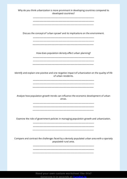 Free Worksheet - Year 8 Geography Population Growth and Urbanisation Short Answer Response
