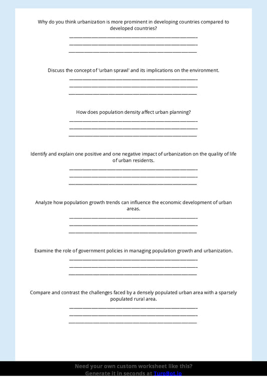 Free Worksheet - Year 8 Geography Population Growth and Urbanisation Short Answer Response