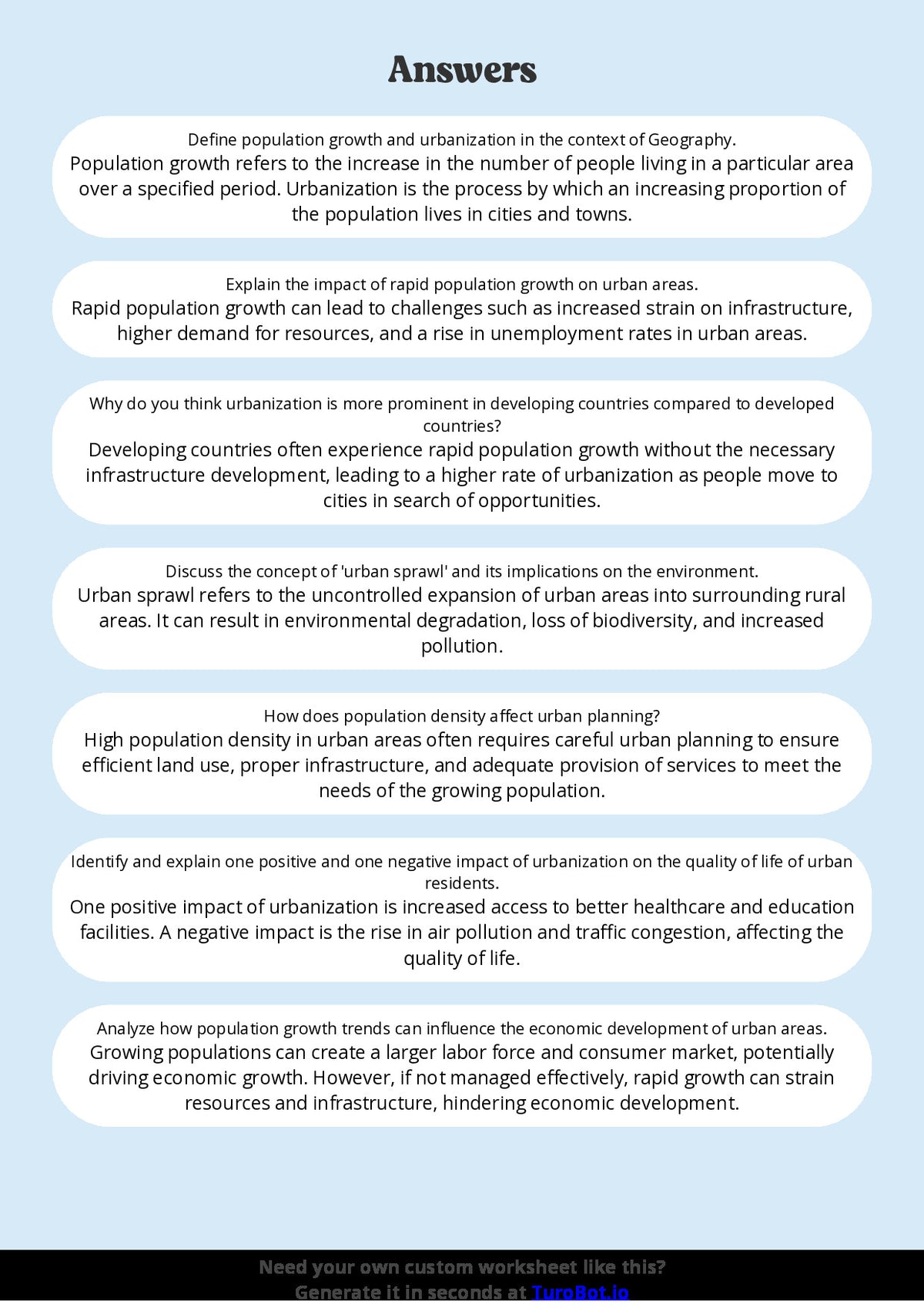 Free Worksheet - Year 8 Geography Population Growth and Urbanisation Short Answer Response