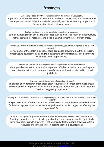 Free Worksheet - Year 8 Geography Population Growth and Urbanisation Short Answer Response
