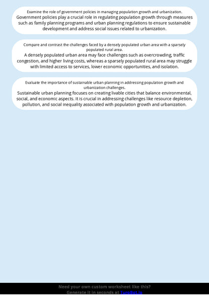 Free Worksheet - Year 8 Geography Population Growth and Urbanisation Short Answer Response