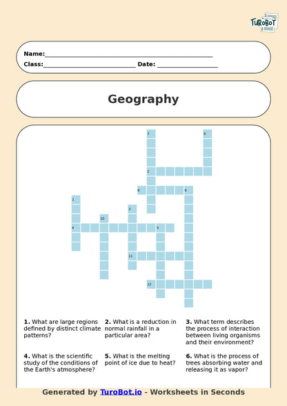 Geography - Year 9 - Crossword - Climate Change and Biomes