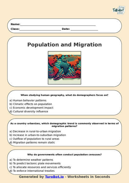 Year 9 Geography Multiple Choice Worksheet – Population and Migration