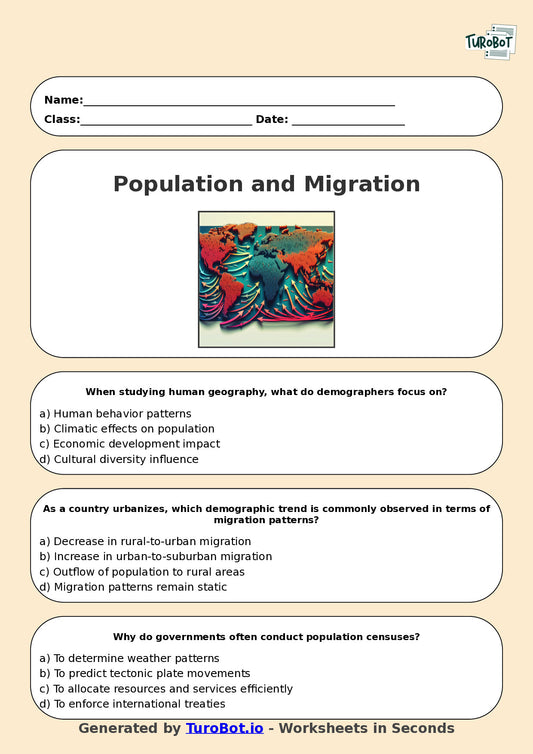 Year 9 Geography Multiple Choice Worksheet – Population and Migration