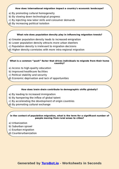 Year 9 Geography Multiple Choice Worksheet – Population and Migration