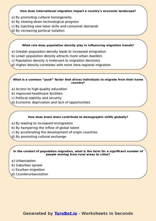 Year 9 Geography Multiple Choice Worksheet – Population and Migration