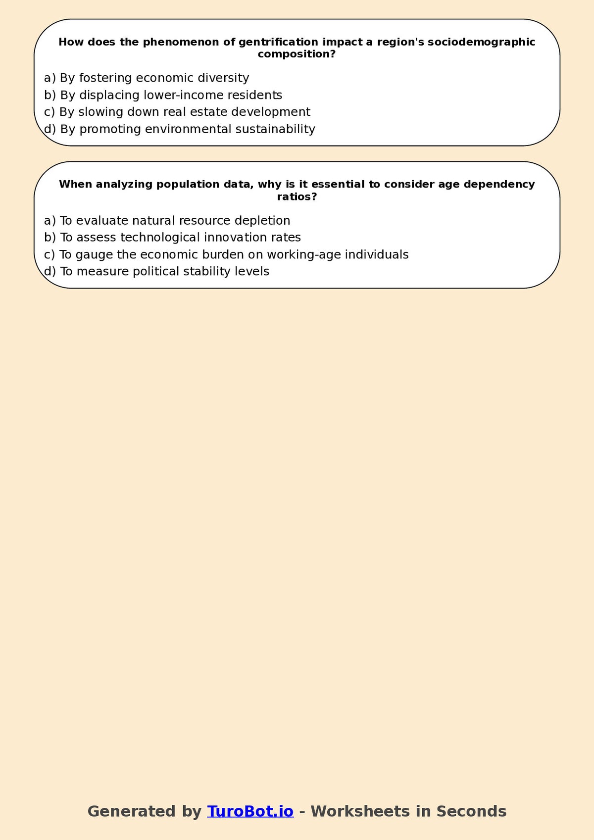 Year 9 Geography Multiple Choice Worksheet – Population and Migration