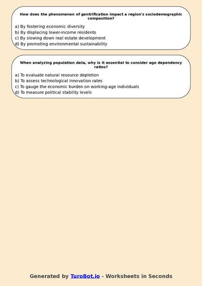 Year 9 Geography Multiple Choice Worksheet – Population and Migration