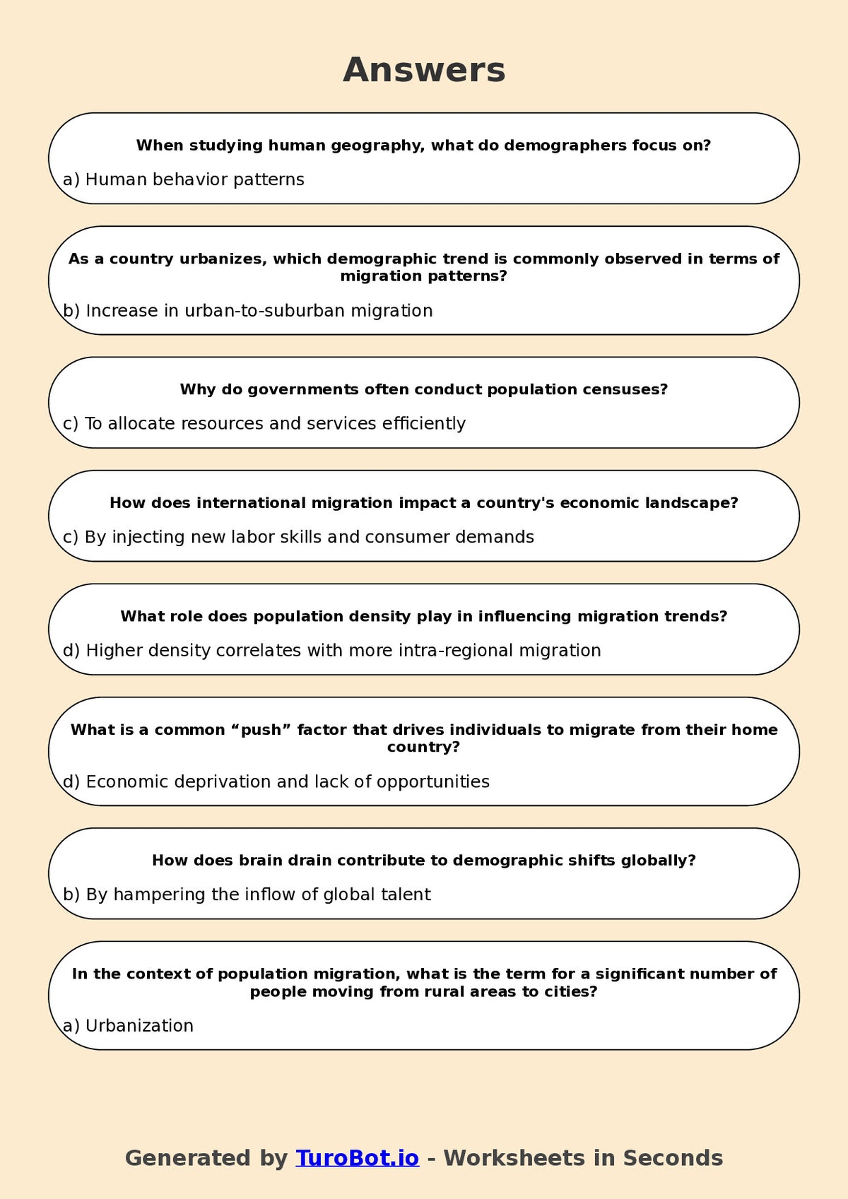 Year 9 Geography Multiple Choice Worksheet – Population and Migration
