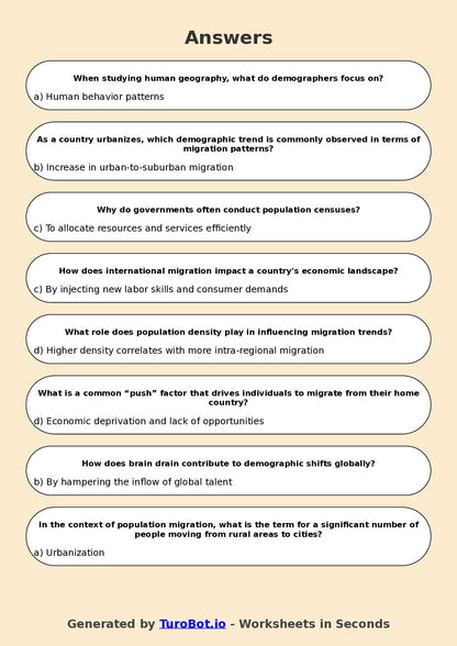 Year 9 Geography Multiple Choice Worksheet – Population and Migration