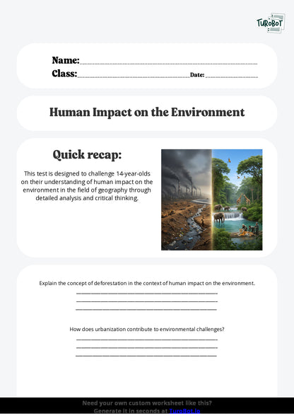 Free Worksheet - Year 9 Geography Human Impact on the Environment Short Answer Response